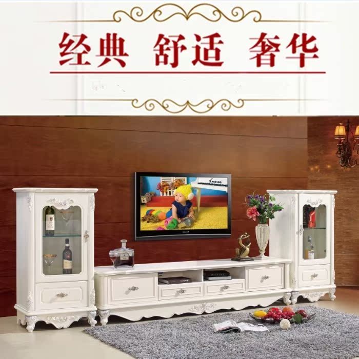 新款欧式实木酒柜 象牙白色电视柜组合 客厅古典 单门雕花储物柜