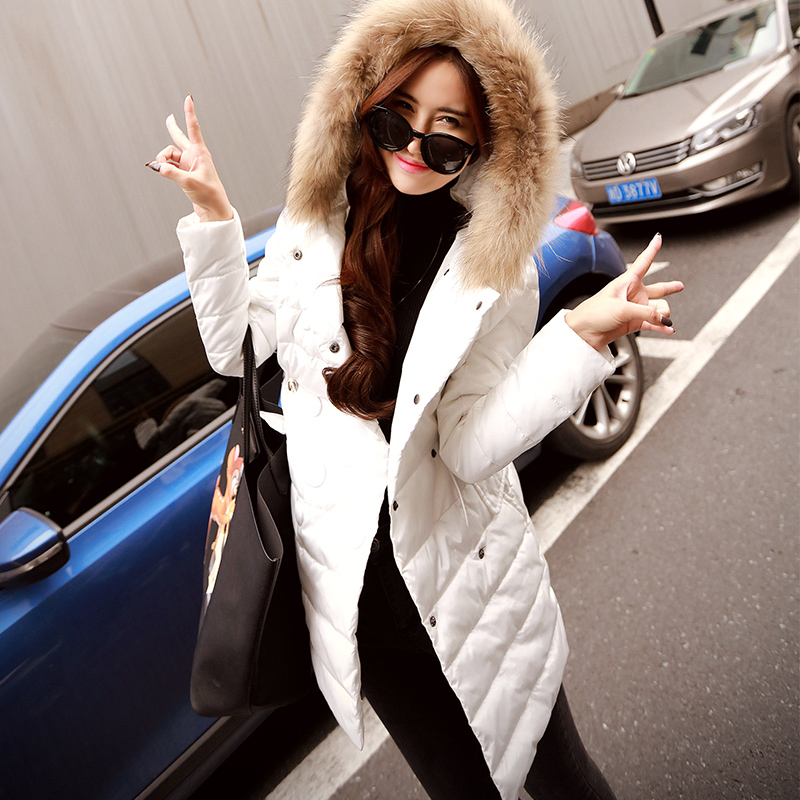 【时光与象】冬装新款棉服女韩版中长款真毛领连帽修身棉衣外套