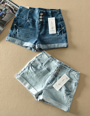 AJD103 出口订单 2015春季新款 高腰卷边修身牛仔裤短裤热裤 女