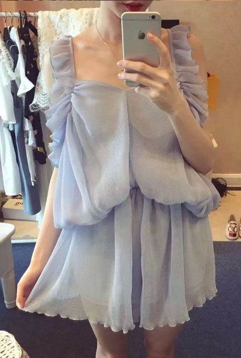 2015夏季新品女装 超仙水嫩嫩露肩褶皱设计收腰雪纺连衣裙