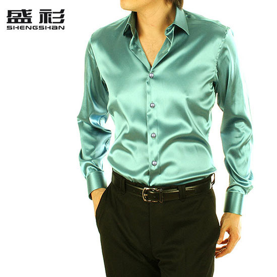 新款男装正品 仿真丝绸缎翻领宝石绿色休闲衬衫 韩版修身长袖衬衣