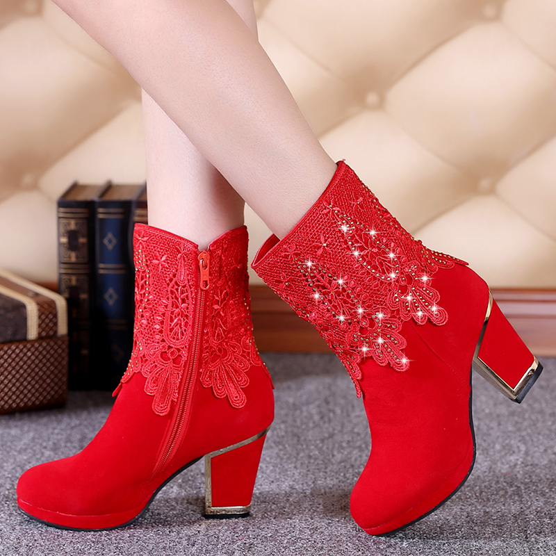 结婚鞋红色冬款短靴蕾丝孕妇新娘鞋中跟新娘靴婚礼加绒婚靴红靴子