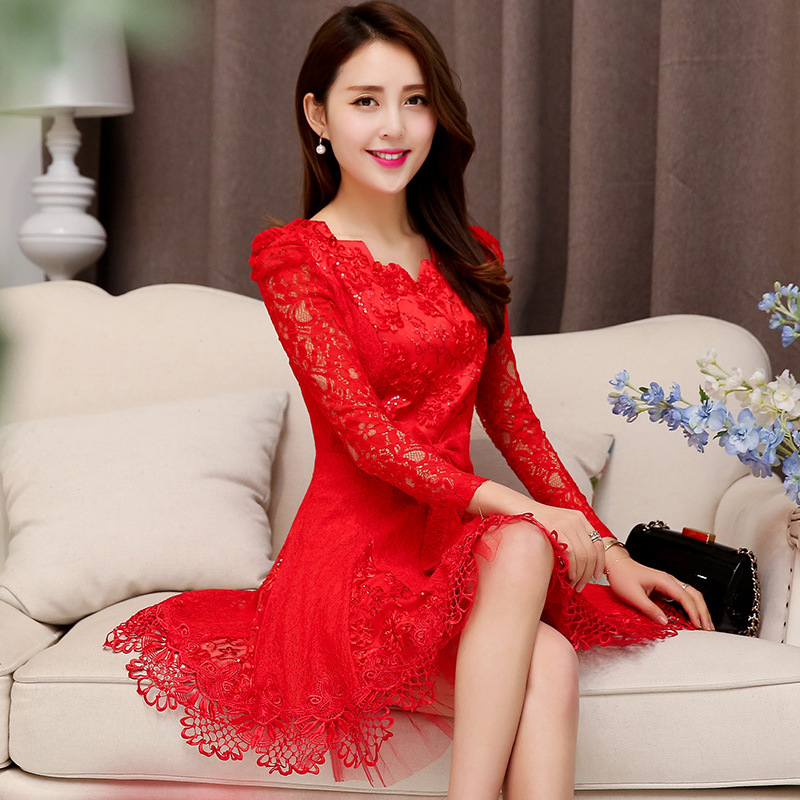 新款新娘红色结婚衣服大红色蕾丝连衣裙中裙敬酒服订婚礼服女韩版