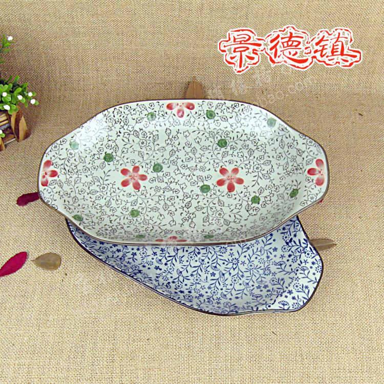 陶瓷双耳深鱼菜蒸盘子大号日式餐盘和风式手绘釉下彩12寸家用长方