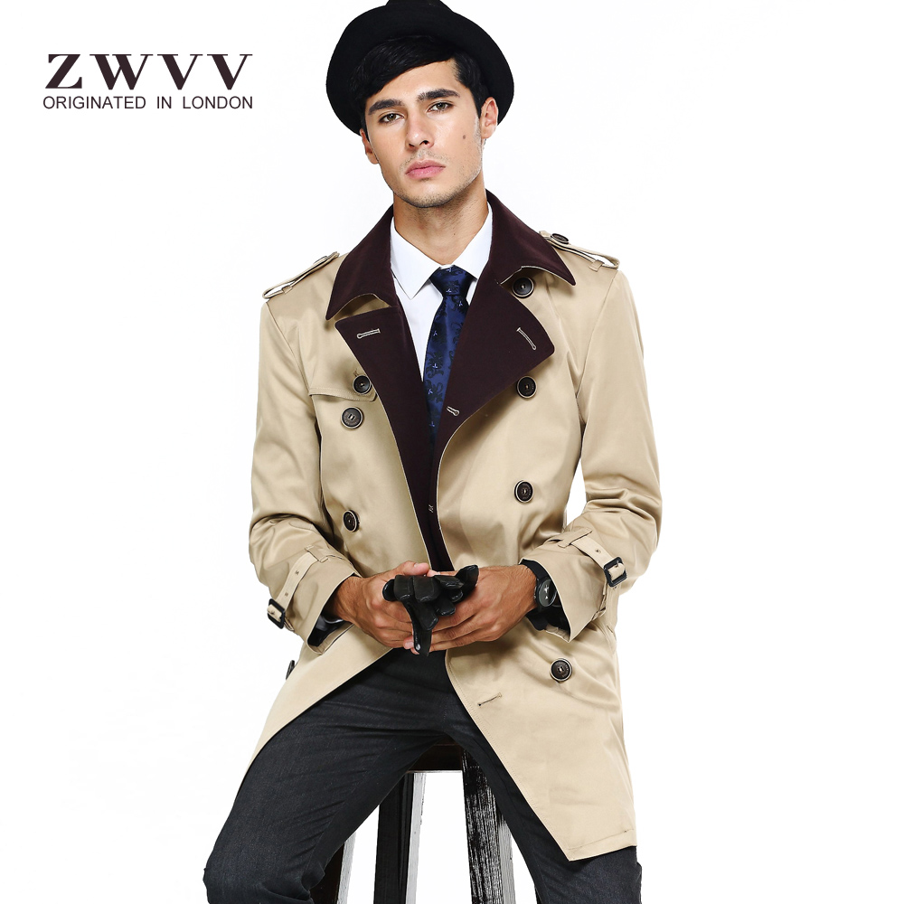 ZWVV春秋新款中长款撞色羊毛尼男士风衣双排扣修身外套英伦大衣潮