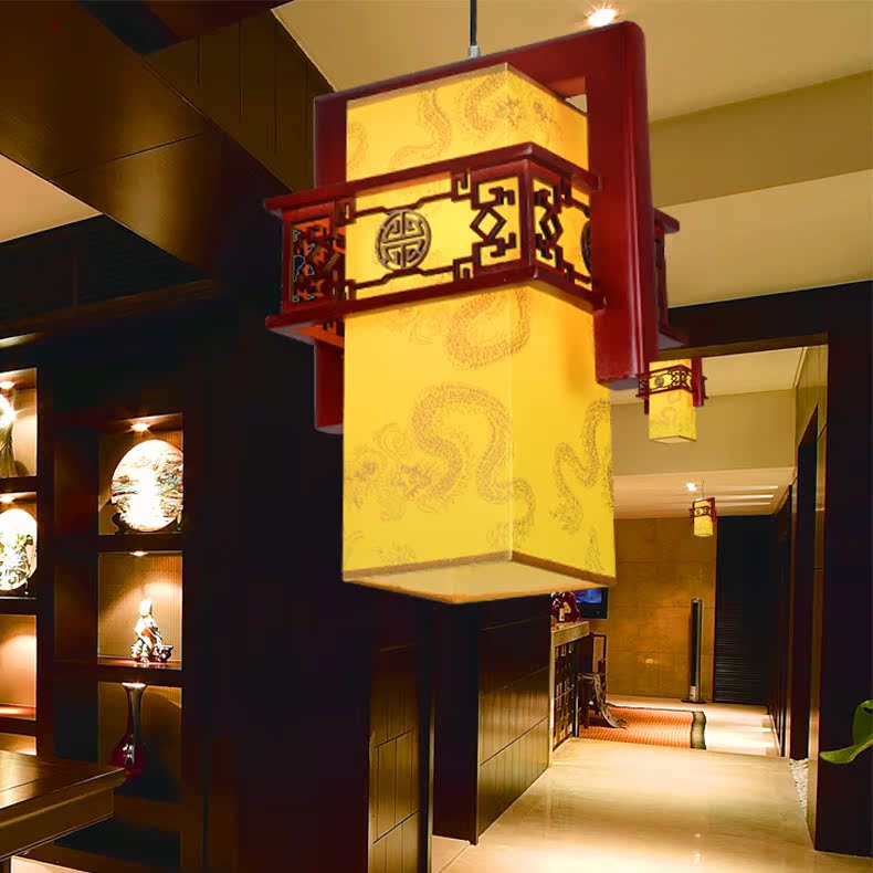 蜀山现代中式古典木艺雕刻吊灯羊皮吊灯客餐厅灯金龙辟邪挡煞吊灯
