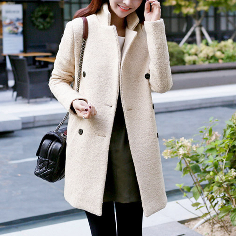 2015冬装新款韩版显瘦双排扣中长款毛呢外套女 时尚气质羊毛大衣