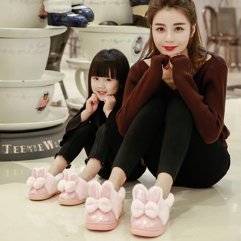 时尚卡通兔子冬季棉拖鞋包跟加厚居家亲子女儿童保暖可爱月子棉鞋