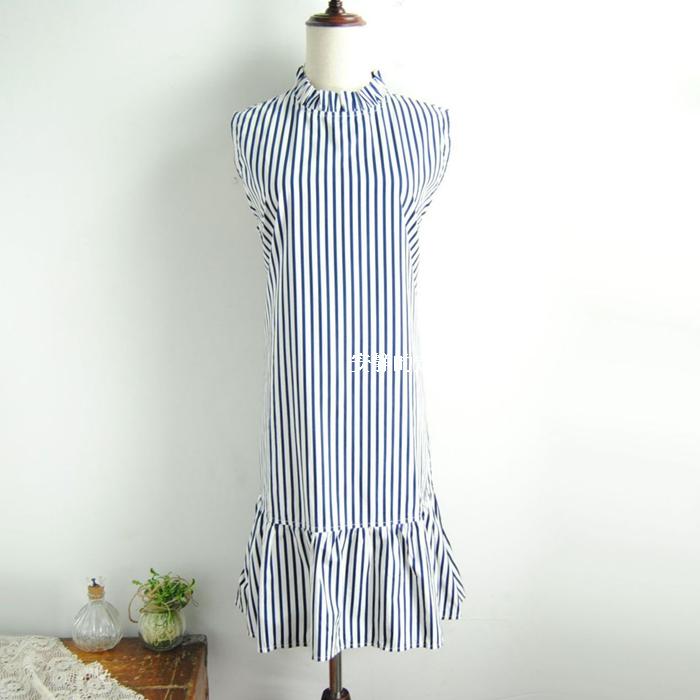 2015夏季新款韩国W.H.T正品无袖立领条纹连衣裙