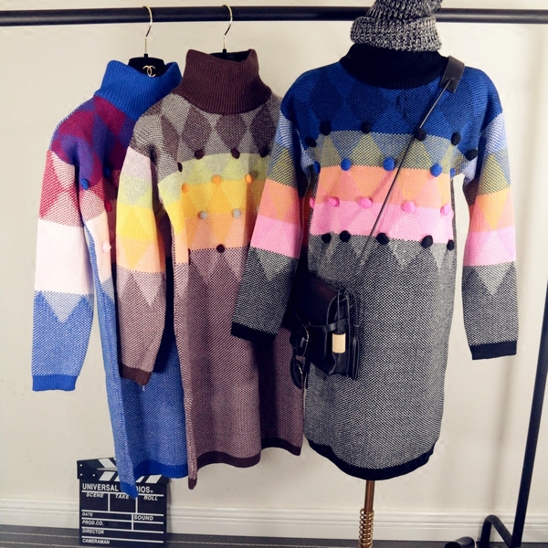 韩国代购2015冬装新款复古撞色彩虹菱形格高领针织毛衣女中长款