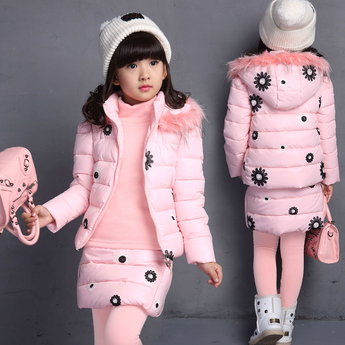 2015冬季女童套装4棉衣5马甲7包臀裙裤9三件套韩版时尚碎花运动服