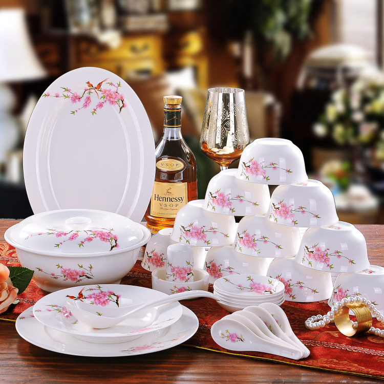 碗套装 景德镇陶瓷餐具56头骨瓷碗盘碟套装 家用骨瓷结婚礼品特价