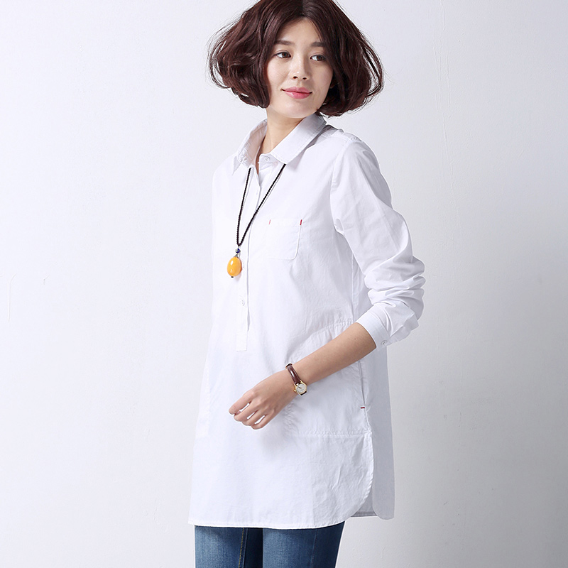 韩版长袖套头翻领棉衬衫女中长款2016年春季新款纯色口袋宽松衬衣