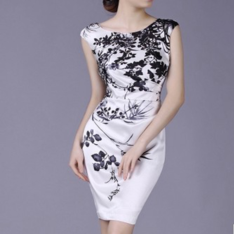 新款2016夏季真丝连衣裙修身显瘦印花镂空 包臂一步裙