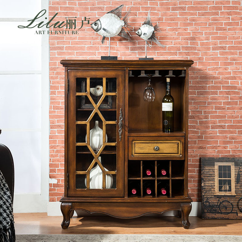 丽卢美式乡村实木红酒柜组合欧式简约小户型客厅装饰展示柜餐边柜