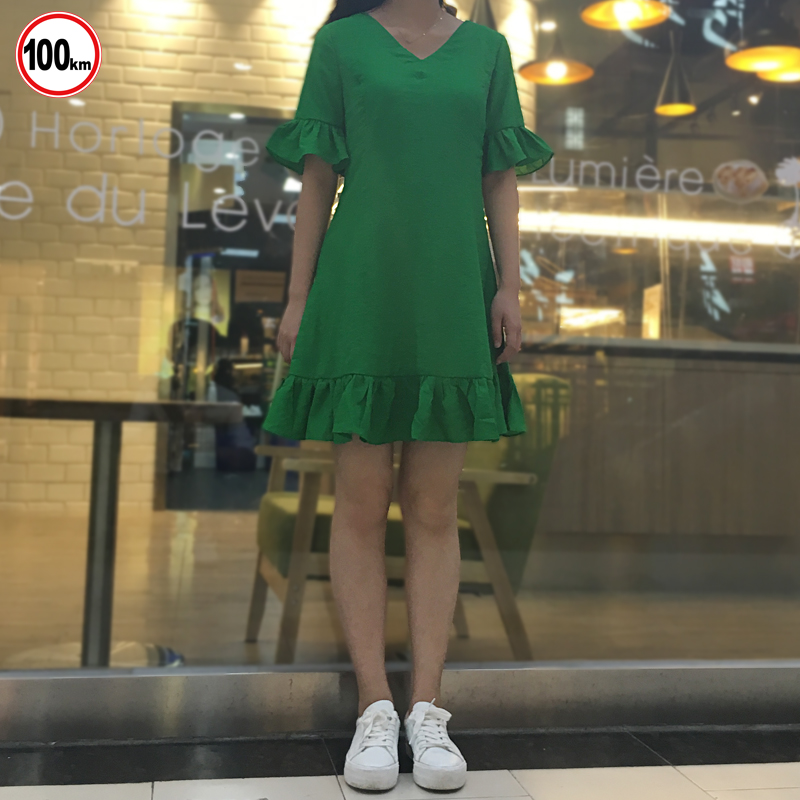 100KM＆PF夏季新款韩版纯色学生知性短袖女装连衣短裙F03056A508