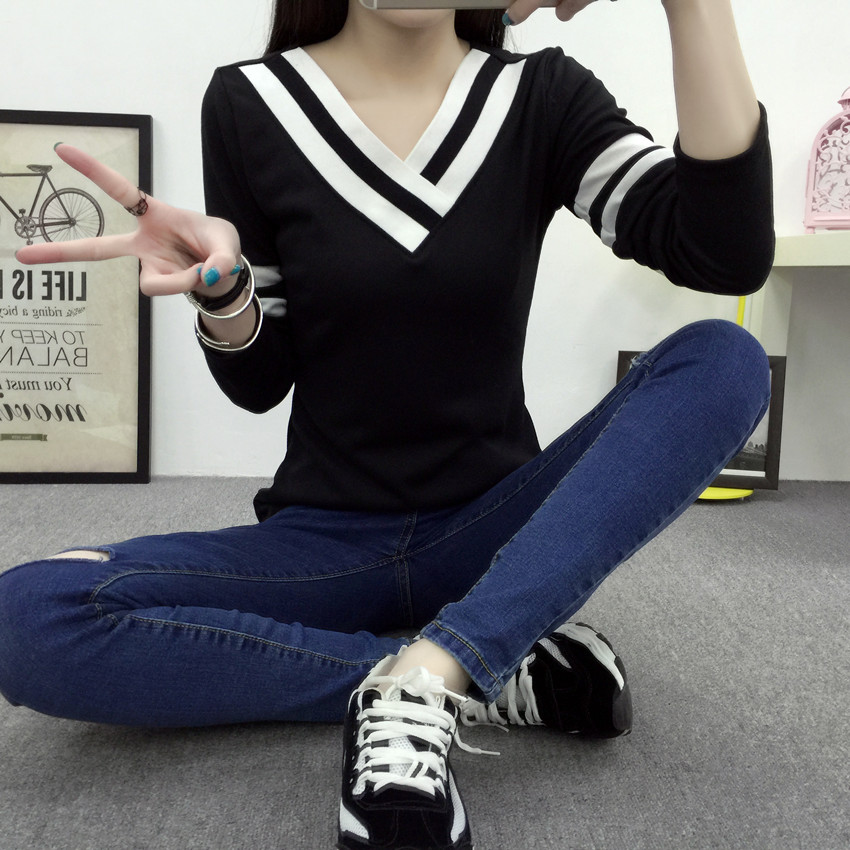 2016春装新款韩版女装修身显瘦纯色黑白条纹长袖V领打底t恤衫包邮