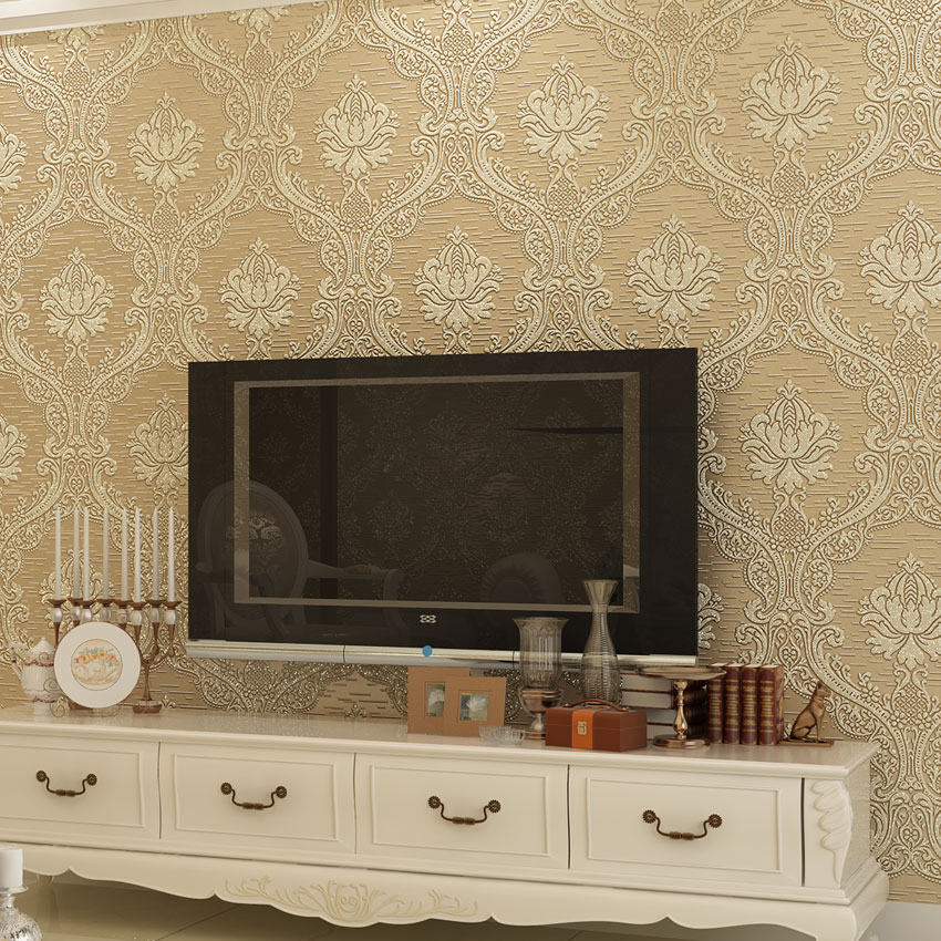 电视背景墙纸 无纺布壁纸 卧室客厅简欧式大马士革3D米黄色