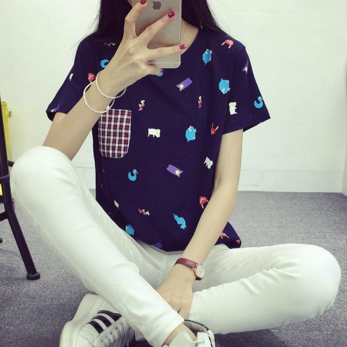 夏季新款韩版女装学生短袖t恤女宽松大码圆领卡通印花打底衫上衣