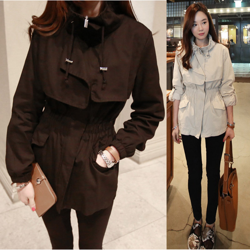 2015秋装新款韩版外套女薄款长袖修身收腰中长款风衣工装立领潮女