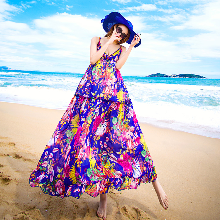 新印花雪纺韩版显瘦波西米亚吊带连衣裙海边度假沙滩裙夏长裙大码