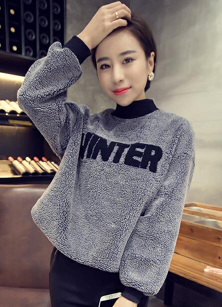 2015冬季新款韩版休闲学院风字母套头毛绒绒可爱长袖加厚卫衣上衣