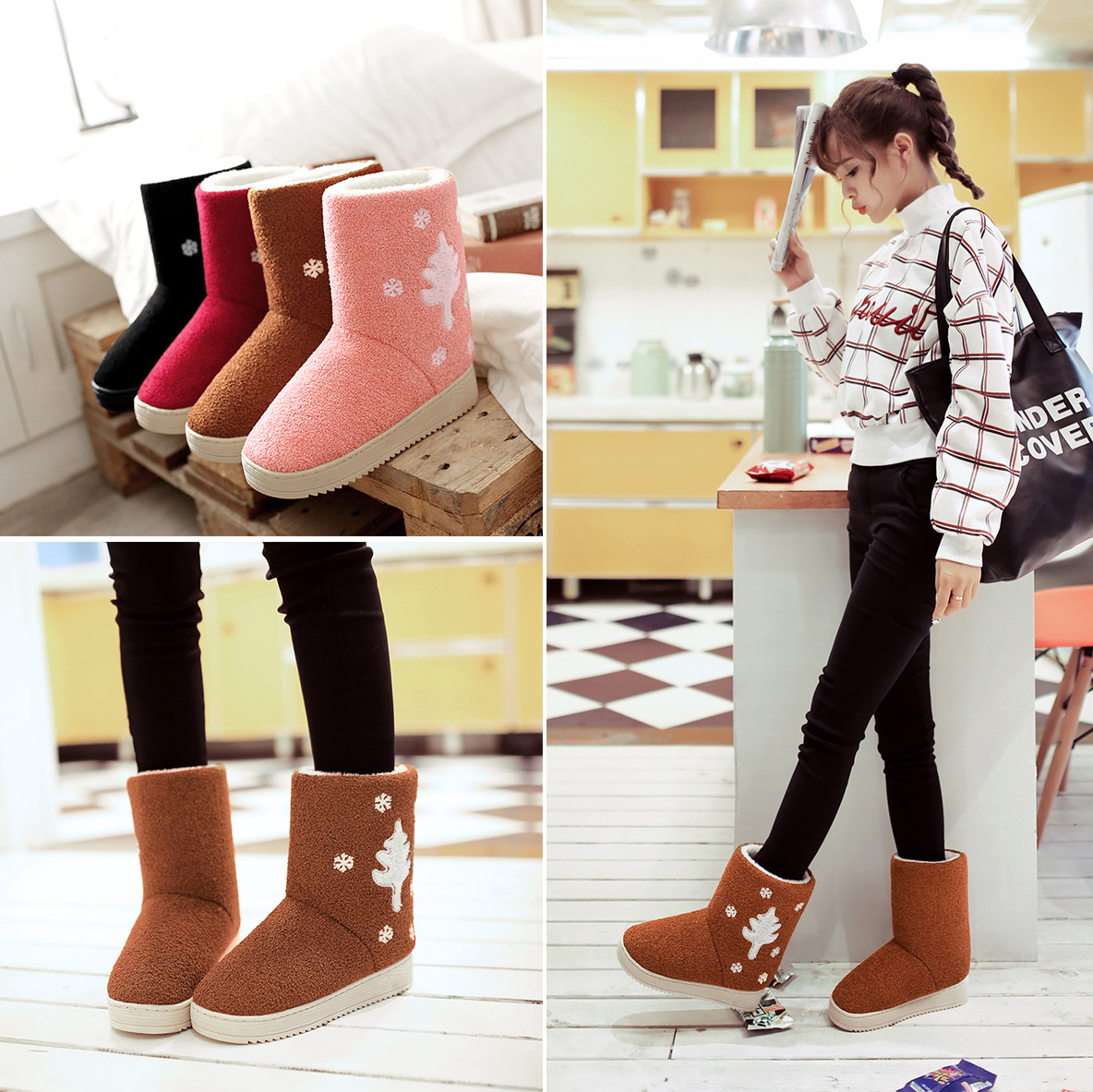 2015冬季新款女靴子加绒加厚珊瑚绒平底圆头保暖雪地靴学生女靴子