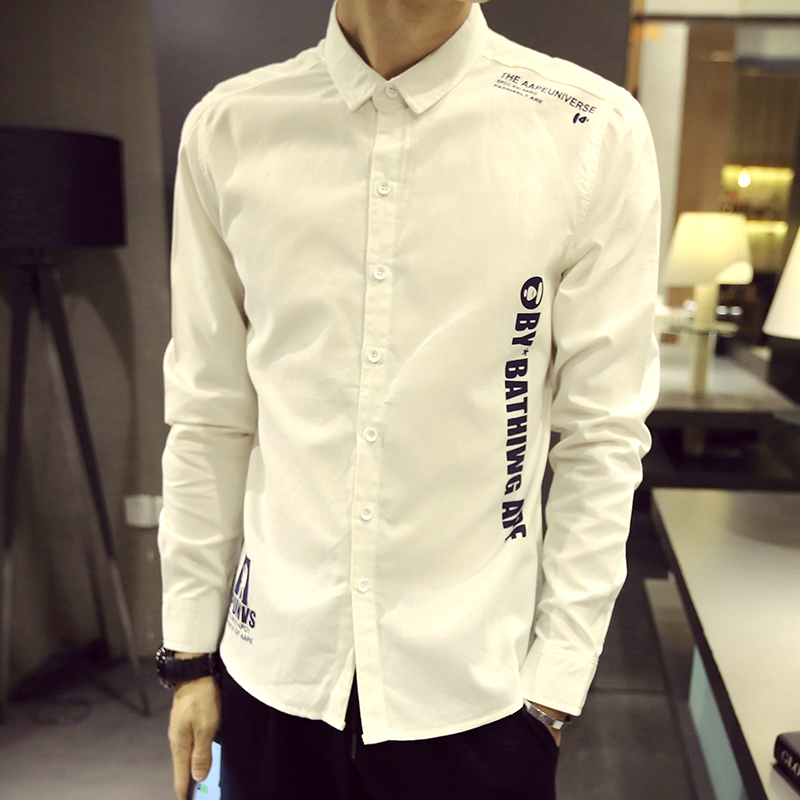 新款时尚男士长袖衬衫印花衬衣韩版修身青少年休闲潮流型男装学生