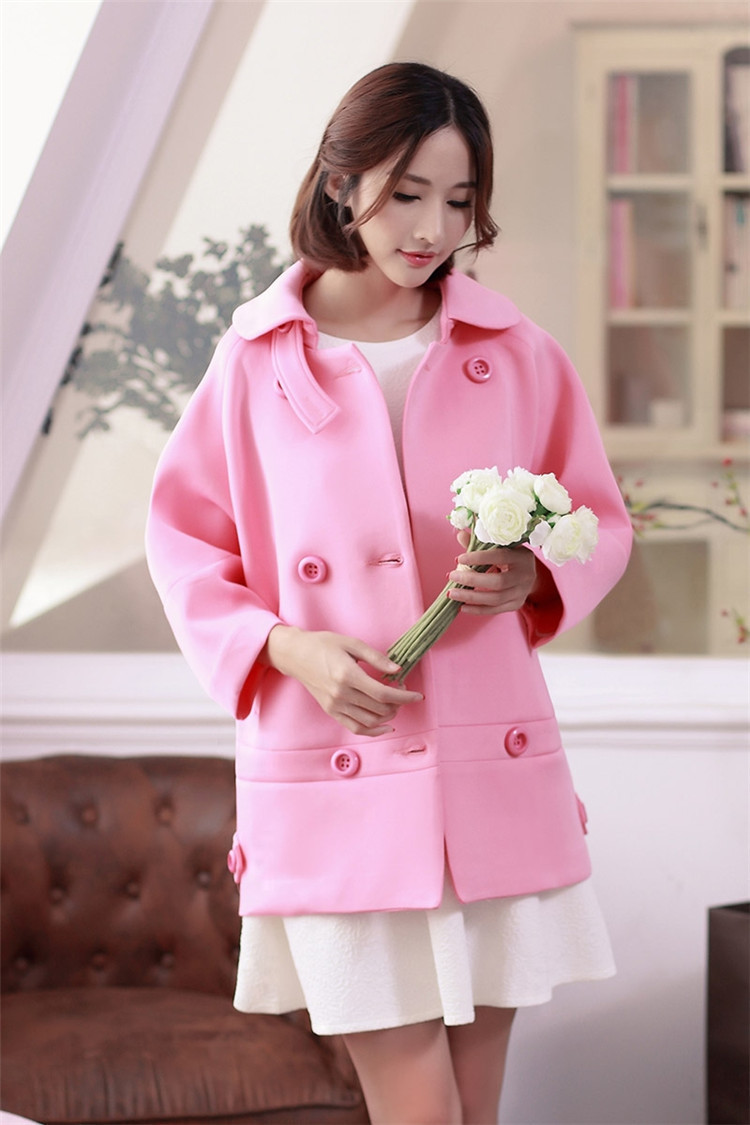 韩国sz代购2015冬新款 娃娃领太空棉中长款上衣 蝙蝠袖双排扣外套