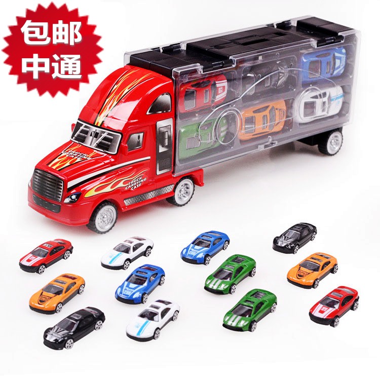 手提合金集装箱运输汽车模型玩具益智玩具货柜拖车带12小轿车包邮