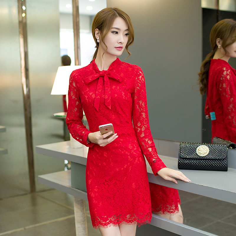 2015韩版加绒加厚红色礼服蕾丝系带蝴蝶结长袖修身中长款连衣裙女