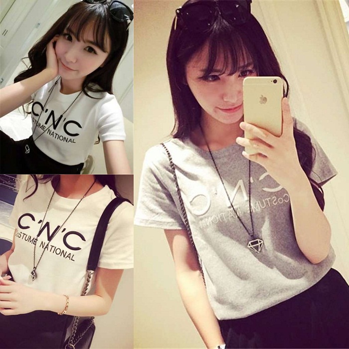 2015夏款新款韩版圆领短袖T恤修身显瘦字母体恤衣服韩范女装上衣