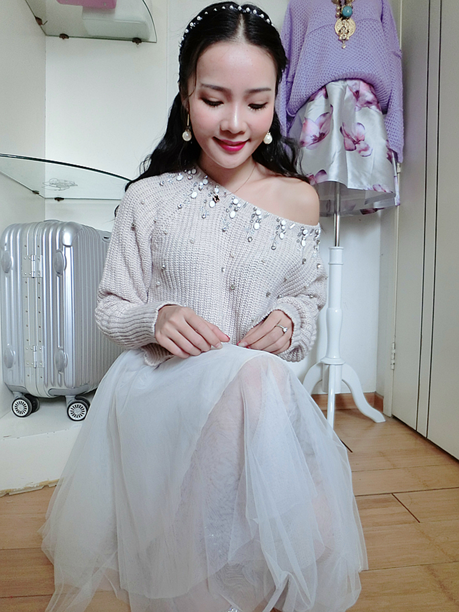 韩国实拍2015女秋装明星同款小香风毛衣+网纱半身裙子两件套套装