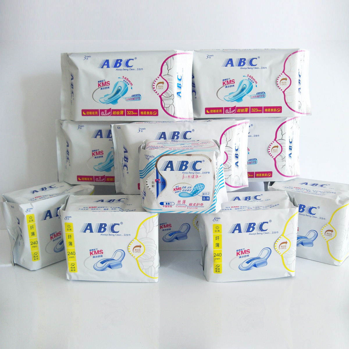 100%正品ABC卫生巾棉柔亲肤日用5包8片+夜用5包3片+护垫22片包邮
