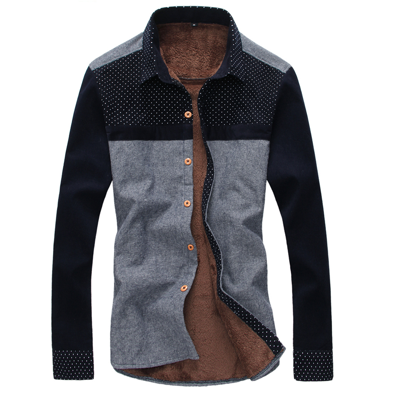 2015秋冬新品男士长袖衬衣灯芯绒修身波点尖领加绒衬衫