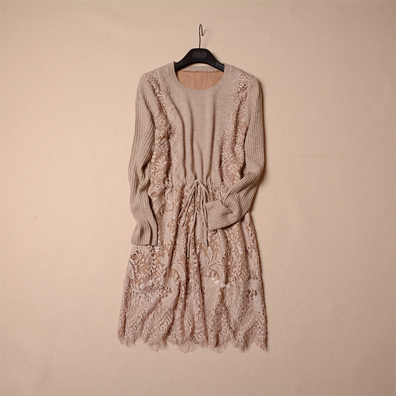 2015秋冬季新款韩版修身显瘦蕾丝拼接针织连衣裙女中长款长袖中裙