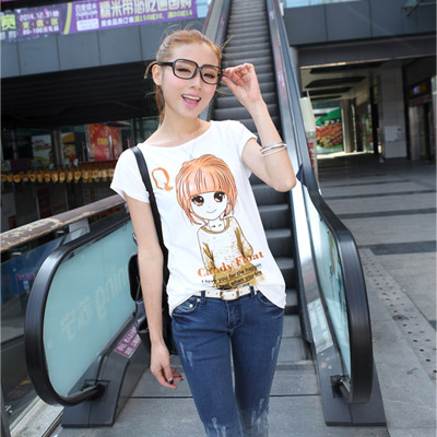 2015夏装韩版T恤女印花蝙蝠袖小清新圆领少女式短袖T恤打底衫上衣