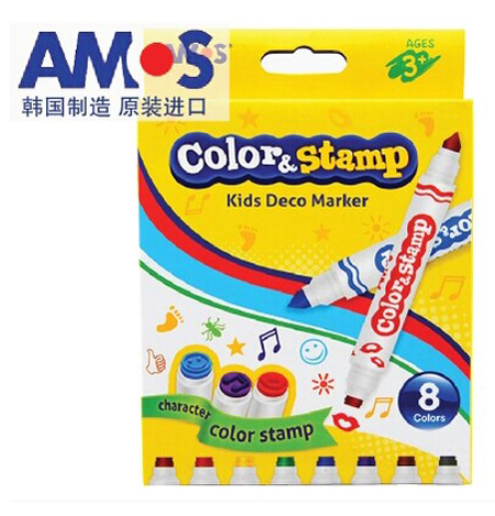 包邮正品韩国AMOS8色 可水洗双头印章绘画涂鸦水彩笔儿童无毒画笔