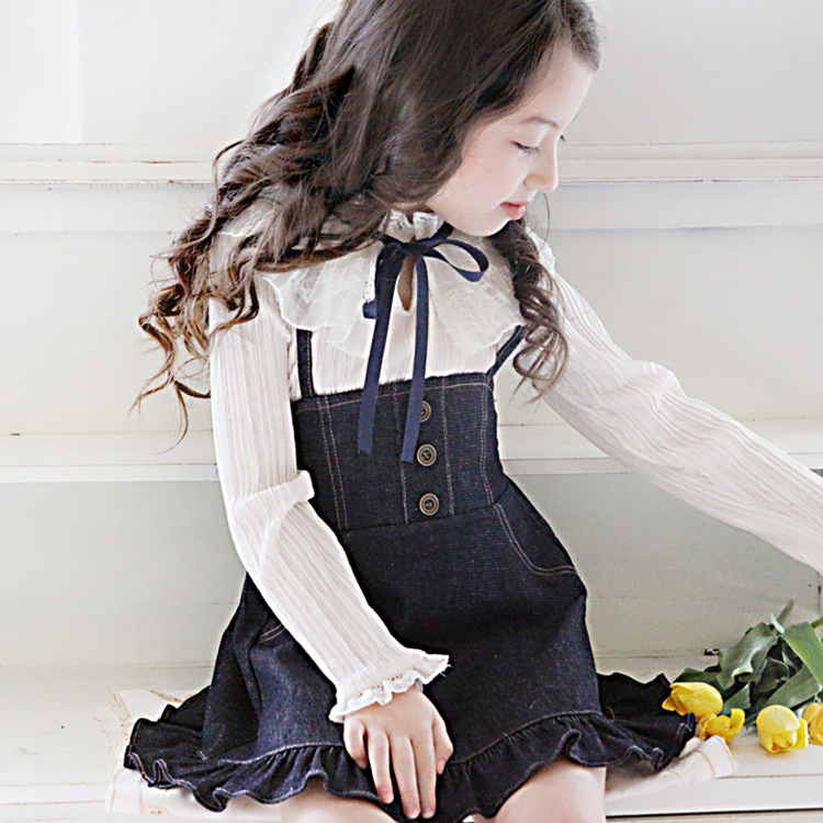 韩国秋季新款童装上新 2016女童甜美牛仔吊带裙+百褶衬衫2件套装