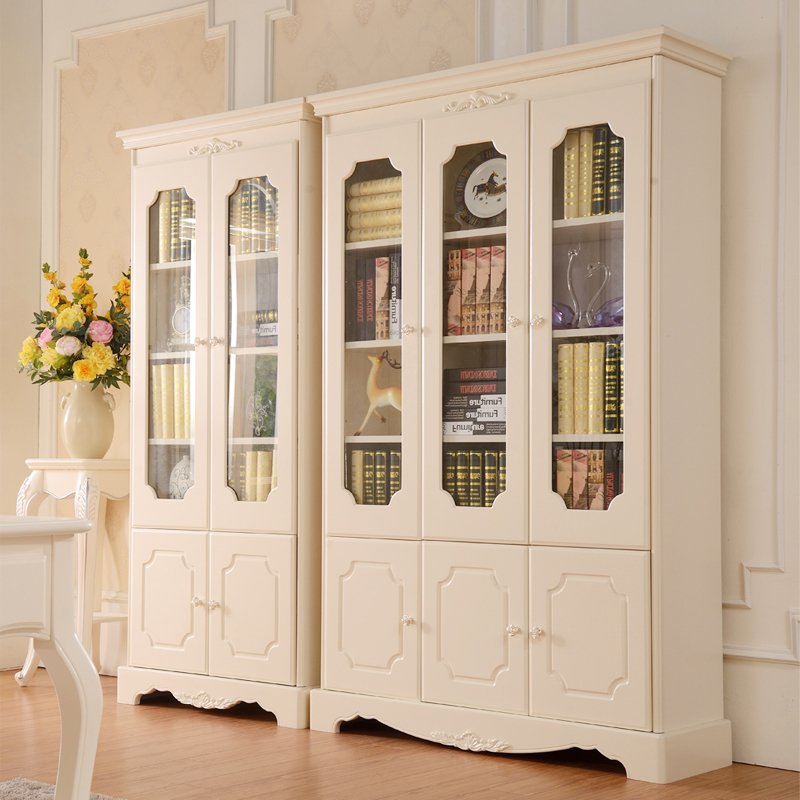 优恋家 欧式白色实木书柜带门玻璃门 可定做美式田园风单个大书柜