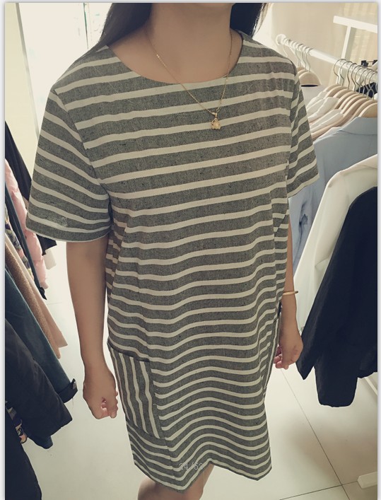 2015夏季新款韩版直筒裙宽松显瘦条纹短袖连衣裙口袋休闲大码女装