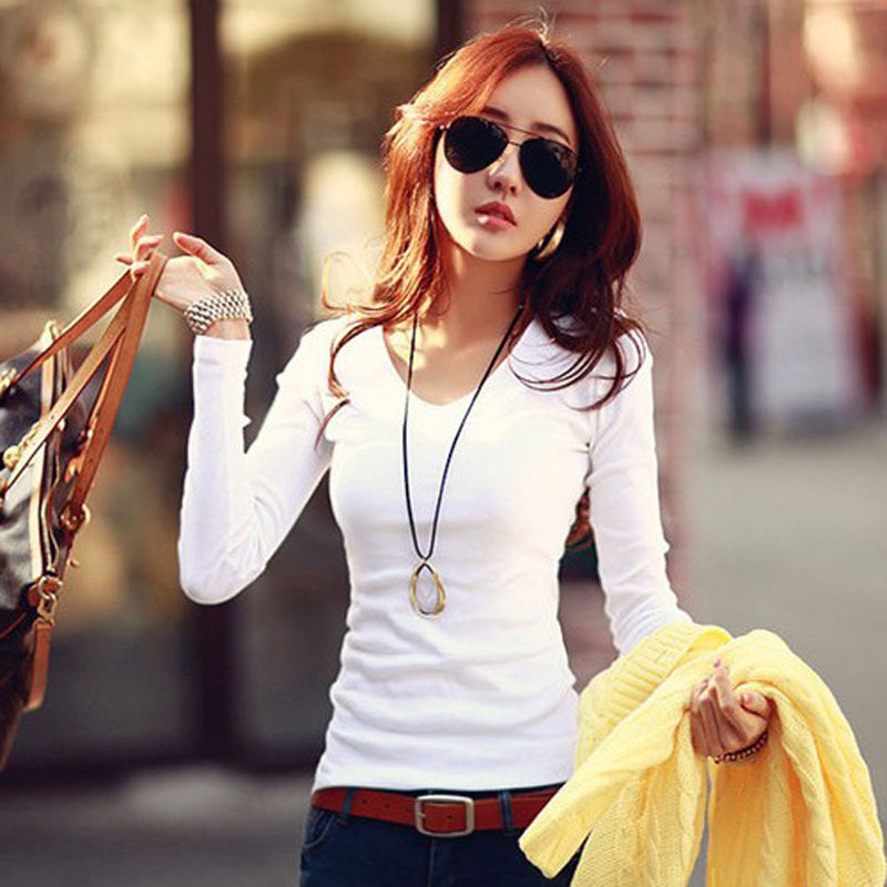 韩国百搭纯色修身女装长袖T恤 女士上衣打底衫圆领V领一件代发