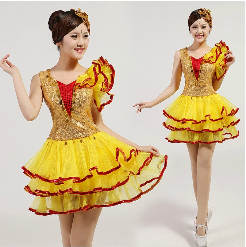 2015春节现代亮片舞蹈演出服女舞台团体服装广场舞比赛蓬蓬裙黄色