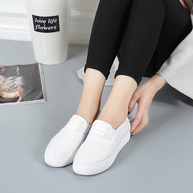 白色帆布鞋女学生韩版平跟夏季休闲鞋松糕跟女鞋懒人鞋一脚蹬厚底