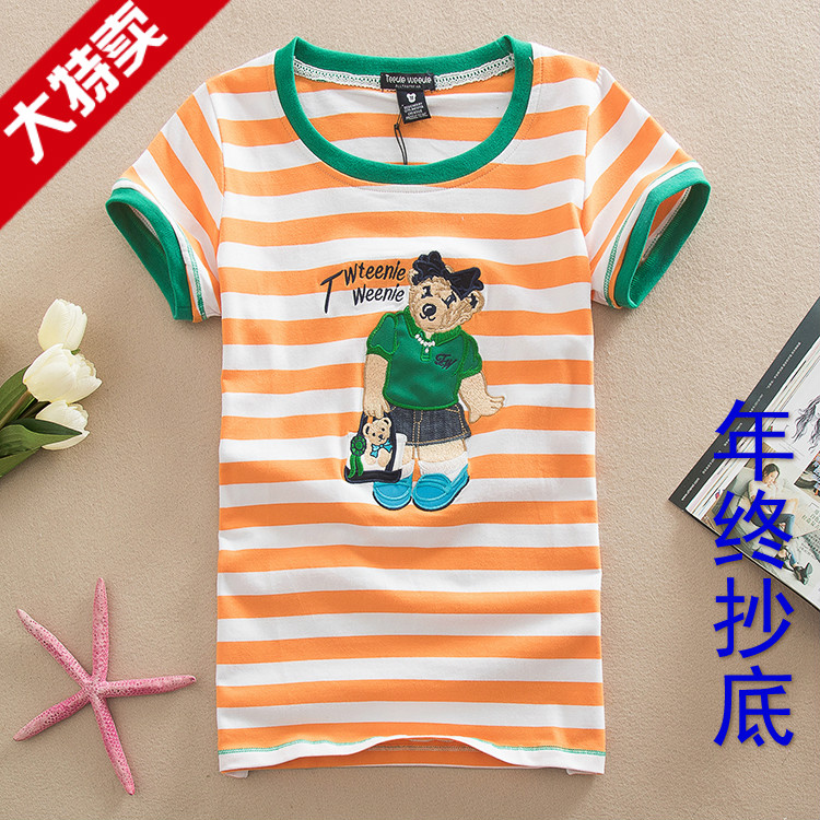 2015夏季韩版小熊学院风条纹休闲短袖少女圆领维尼纯棉修身T恤