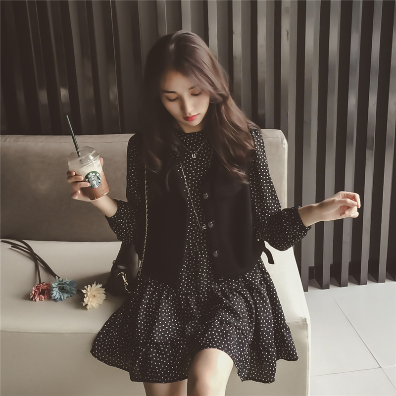 甜美秋装新款韩版打底裙2015两件套针织马甲长袖雪纺连衣裙女装