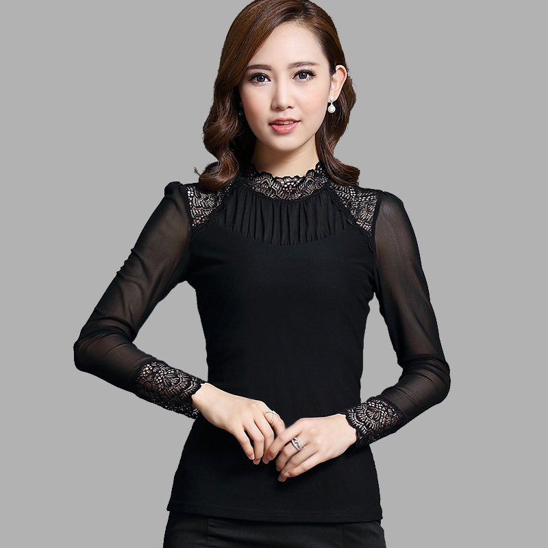2015秋天长袖女 时尚韩版大码女装t恤蕾丝拼接网纱打底衫上装黑色