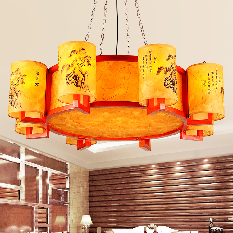 聚古轩灯饰现代中式灯 客厅餐厅卧室吊灯 仿羊皮灯古典圆形灯具