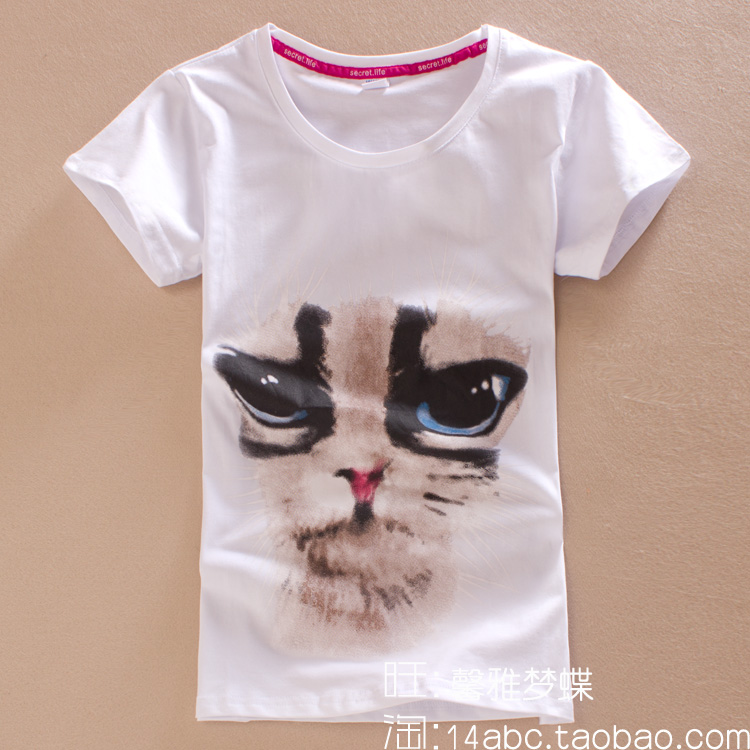 圆领短袖t恤女2015夏季新款女装 猫眼卡通印花半袖女夏修身打底衫
