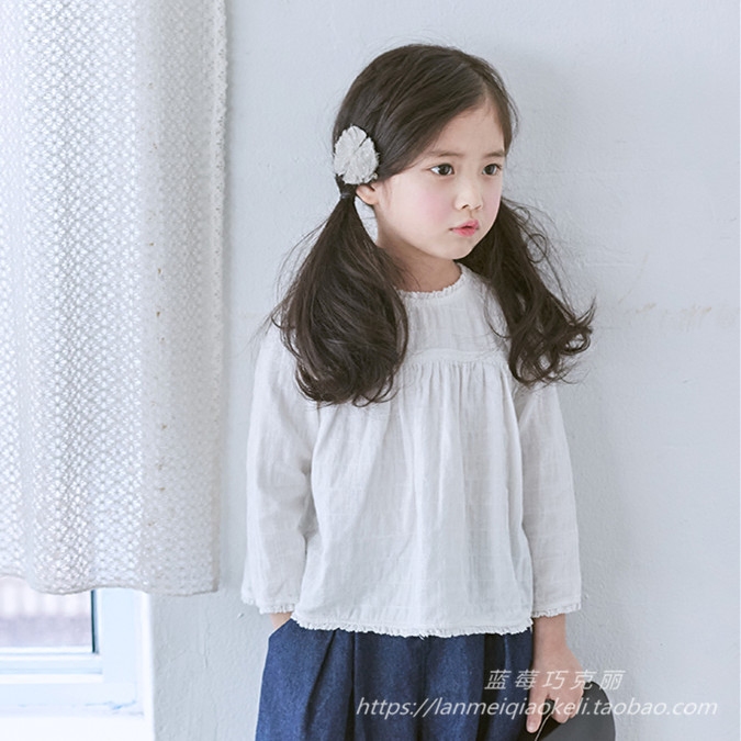 韩国童装2016春秋款女大儿童韩版纯棉麻白色娃娃衫花边领打底衬衫